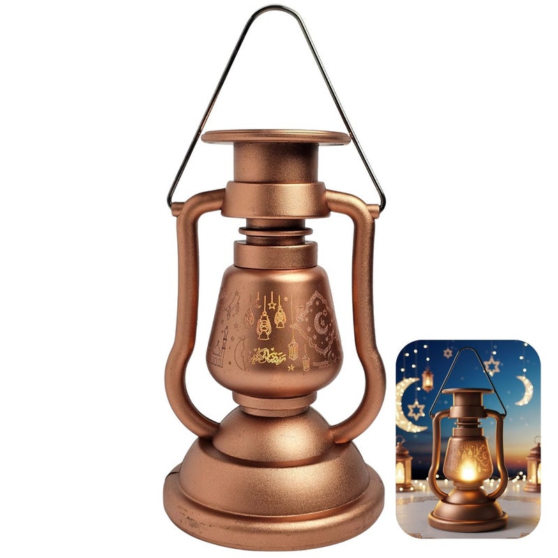 SOBHYS Heritage Glowing Ramadan Fanoos, 24.5cm LED Lantern with Flickering Candle Effect, Islamic Art Hanging Decor, Metallic Finish, Battery Powered - Image 1